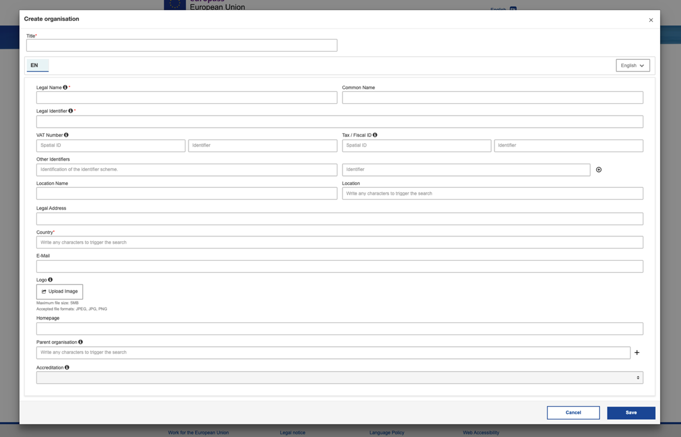 Screenshot of the Organisation tab